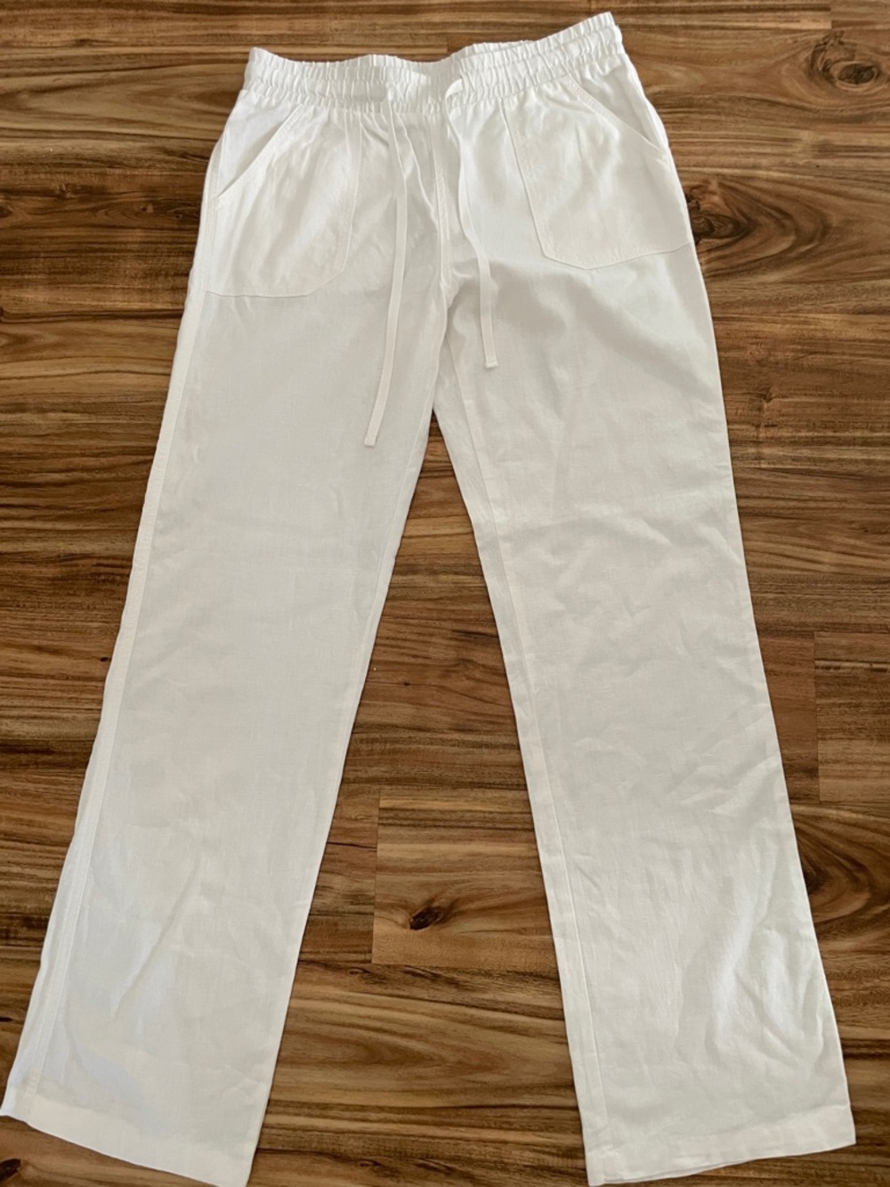 Women's White Wide-Leg Drawstring Linen Pants